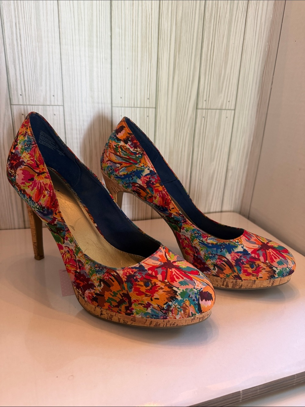 FIONI Clothing Multicolor Floral Cork Platform Pump Heels